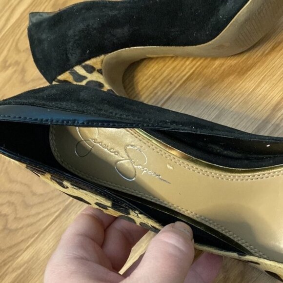 SOLD JESSICA Simpson Women’s Black Leopard Print Peep Toe Heels (Size 8B/38) - Picture 9 of 16